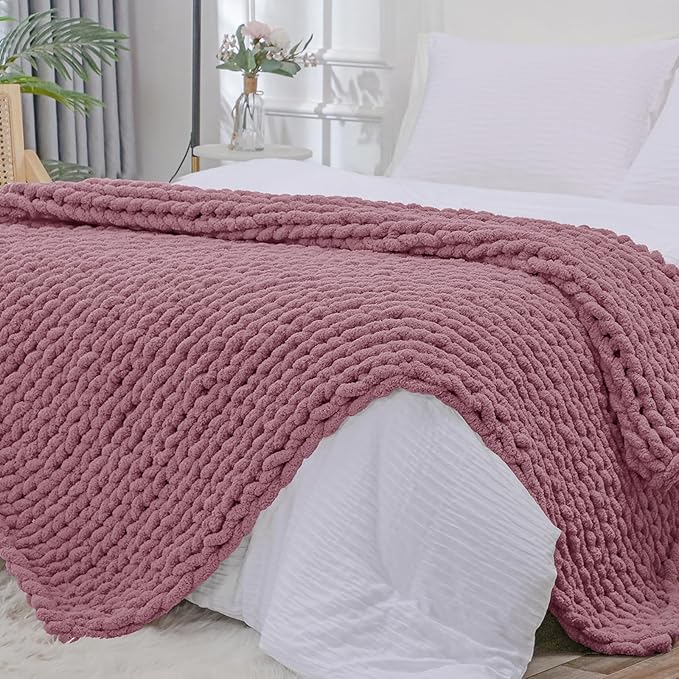 Bigacogo Chunky Knit Throw Blanket for Couch, 40x80 inches, 100% Hand Knitted with Thick Jumbo Chenille Yarn, Cozy Soft Large Rope Knot Cable Crochet Blankets for Sofa Bed Living Room, Burnt Rose-Ruum Studio Home