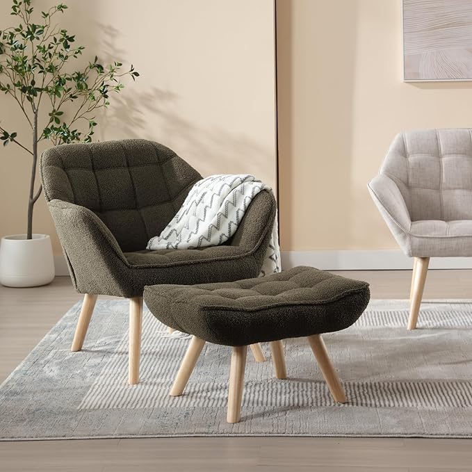 Modern Sherpa Accent Chair with Ottoman Set of 2, Fluffy Upholstered Lounge Chair with Footrest, Comfy Living Room Side Boucle Armchair for Small Space Bedroom, Green-Ruum Studio Home