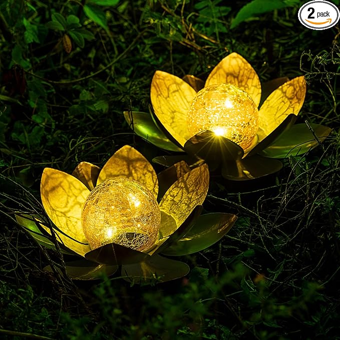 Garden Solar Lights Outdoor(2Pack) , Amber Crackle Globe Glass Lotus Decoration , Waterproof Orange Metal LED Flower Lights for Patio,Lawn,Walkway,Tabletop,Ground, Garden Gifts for Women-Ruum Studio Home