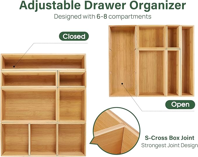 Kootek Bamboo Drawer Organizer with Removable Dividers, 6 Pcs Adjustable Kitchen Drawer Organizer Utensils Bamboo Organizers Silverware Storage Box Cutlery Tray Multi-Use for Bathroom, Makeup, Office-Ruum Studio Home