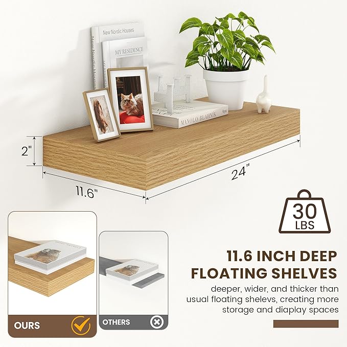 Deep Floating Shelves for Wall | 24 Inch Wide x 12 Inch Deep Floating Shelves | 24W x 12D Rustic Oak Wide Wall Shelves | Bookshelf Laundry Shelf TV Shelf-Ruum Studio Home