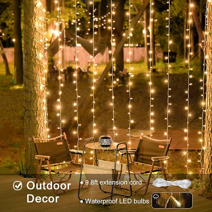 JMEXSUSS 600 LED Christmas Curtain Lights Outdoor, 9.5x19.6ft Christmas String Light Plug in with Remote, 8 Modes Wall Hanging Lights for Bedroom Party Backdrop Wedding Xmas Decor, Warm White-Ruum Studio Home