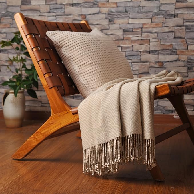 CUDDLE DREAMS Silk Throw Blanket with Hand-Knotted Fringe, Natural, Soft & Breathable (Herringbone-Taupe)-Ruum Studio Home