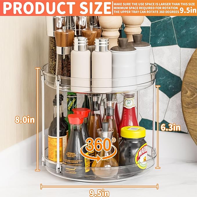 2 Tier Lazy Susan Turntable for Cabinet,Countertop,Pantry,9.5"W Spinning Seasoning Organizer,Double Rotating Kitchen Spice Rack Organizer and Condiments,Medicine,Vitamin Bottle Organizer Carousels,1Pc-Ruum Studio Home