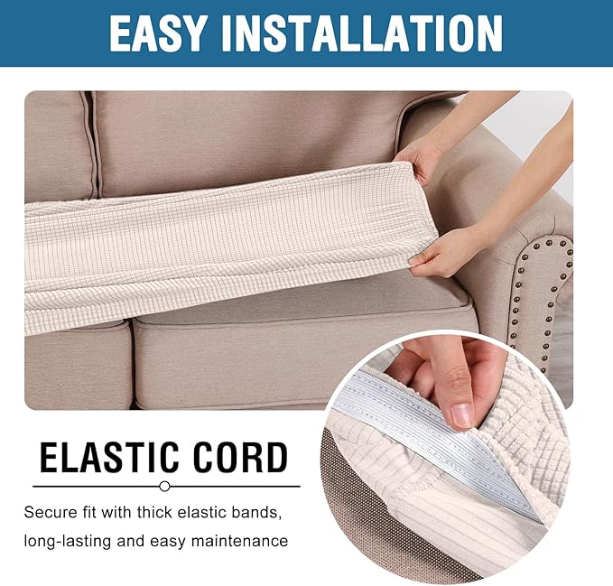 H.VERSAILTEX Super Stretch Individual Seat Cushion Covers Sofa Covers Couch Cushion Covers Slipcover Sets Thick Jacquard Textured Twill Fabric (1 Piece Loveseat Cushion Cover, Ivory)-Ruum Studio Home