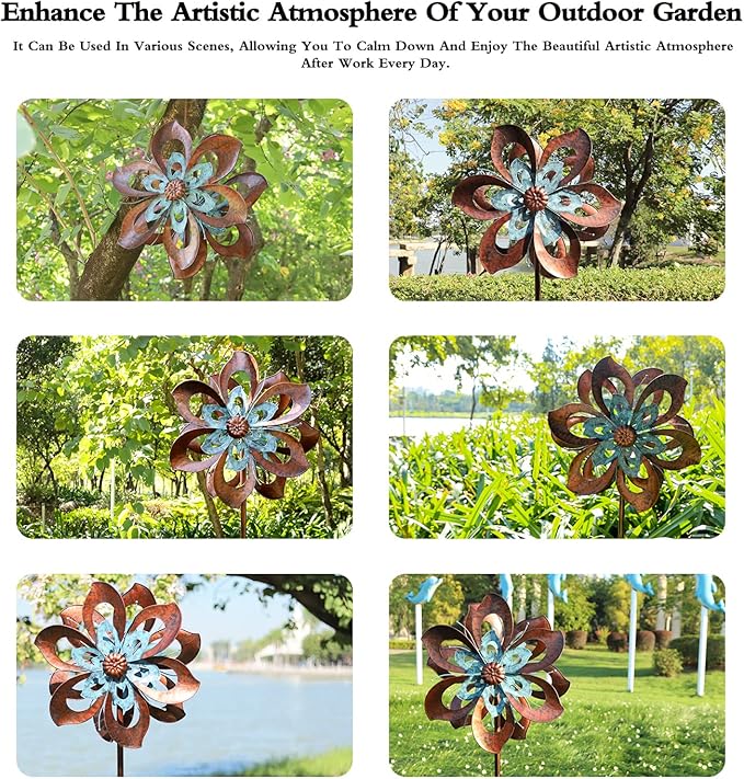 Garden Wind Spinner,Flower Wind Spinner,Outdoor Metal Wind Sculpture & Spinner Large 23 inch Dia 84 inch Height Kinetic Windmill for Garden Yard-Ruum Studio Home
