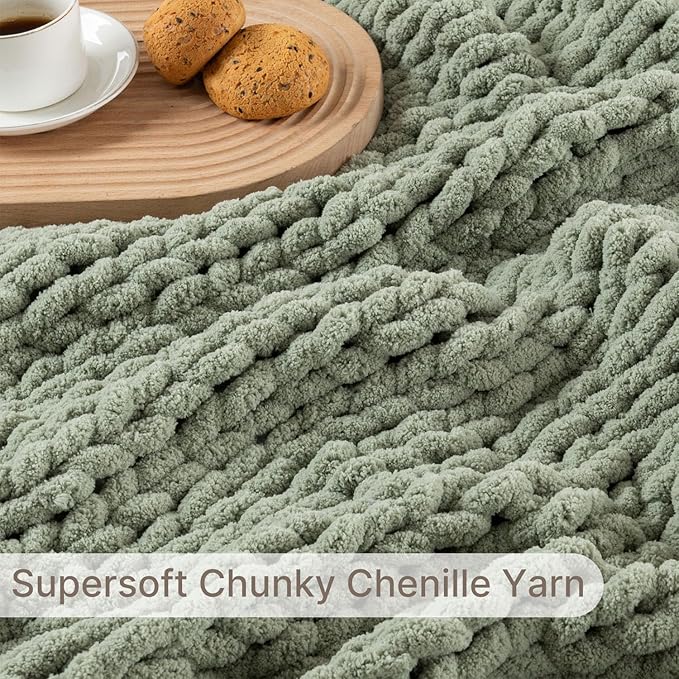Chunky Knit Blanket Throw, 100% Hand Knit Throw Blanket Handmade Chenille Cable Knit Throw for Couch, Stylish Cozy Soft Rope Knot Crochet Blanket for Home Decor, Sage Green, 60x80 Inches-Ruum Studio Home