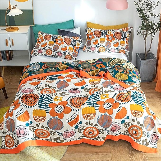 Boho Throw Blanket 60''x80'' for Bed Couch, Floral Muslin Bed Blankets Boho Quilt Travel Mexican 100% Cotton Super Soft Summer Blanket Picnic Blankets-Ruum Studio Home