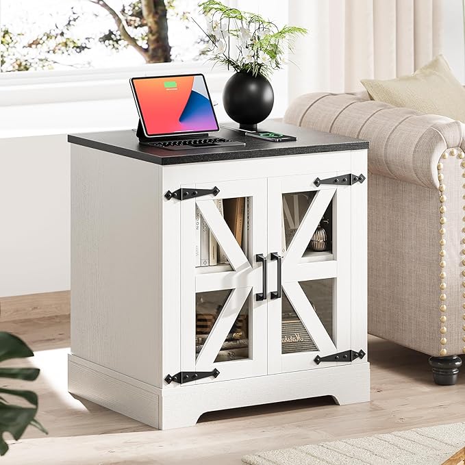 Farmhouse Side Table with Storage Cabinet, End Table with Adjustable Shelf, Large Night Stand, Wood Nightstand with Charging Station, 24" End Tables Living Room, Rustic Bed Side Tables Bedroom-Ruum Studio Home