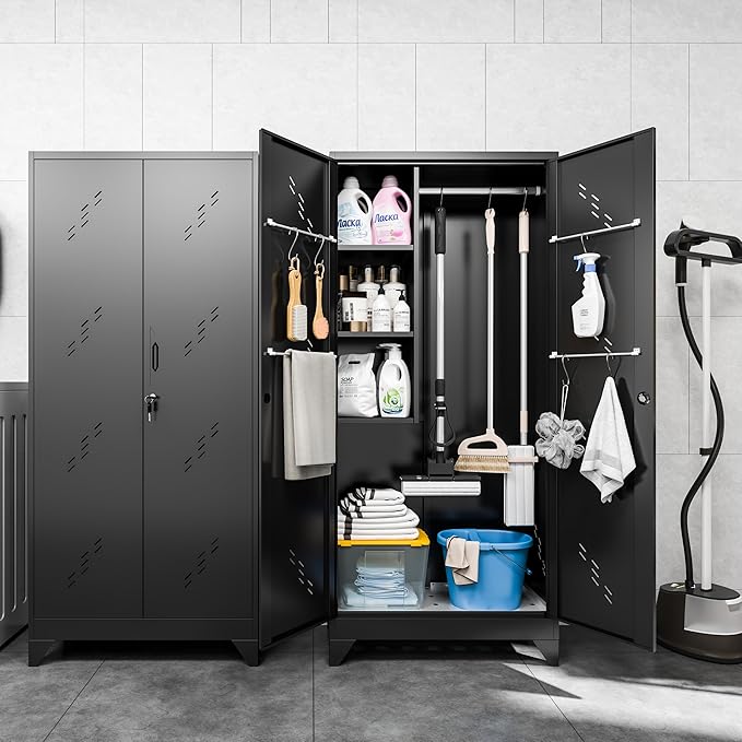 Metal Garage Storage Cabinet, 75” Cleaning Tool Cabinet with Hooks and Hanging Rods, Heavy Duty Garden Tool Organizer, Broom Cabinets for Home, Garage, Laundry Room, Gym, Workshop-Ruum Studio Home