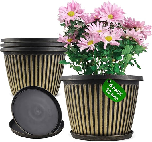 12 inch Planter Indoor Outdoor Plant Pots, 4 Pack Large Plastic Flower Pots with Saucer and Drainage Holes, Decorative Modern Garden Pots for Houseplants-Ruum Studio Home