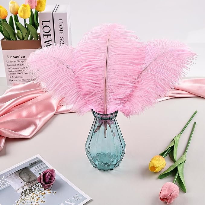 THARAHT Pink Ostrich Feathers 12pcs Natural Bulk 8-10Inch 20cm-25cm for Crafts Wedding Party Centerpieces Flower Arrangement Easter Gatsbi and Home Decoration Feathers-Ruum Studio Home