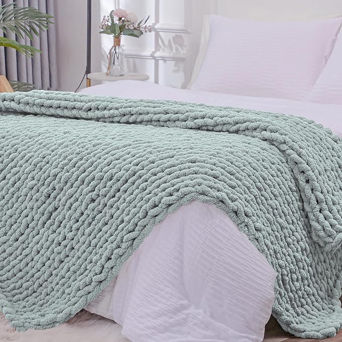 Bigacogo Chunky Knit Throw Blanket for Couch, 51x63 inches, 100% Hand Knitted with Thick Jumbo Chenille Yarn, Cozy Soft Large Rope Knot Cable Crochet Blankets for Sofa Bed Living Room, Misty Green-Ruum Studio Home