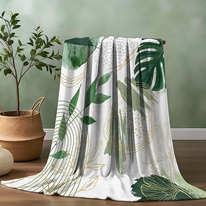 Sage Green Leaf Throw Blanket Mid-Century Green and Gold Boho Flannel Blankets for Couch Bed Living Room Sofa, Decorative Patterned Super Soft Cozy, 50x60 in-Ruum Studio Home