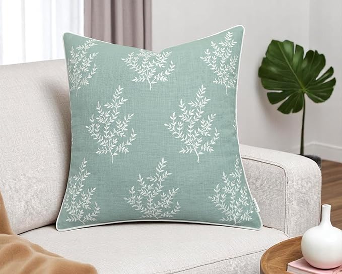 VAGMINE Embroidered Leaves Throw Pillow Cover - 18x18 Inches Square - 100% Cotton Light Teal Decorative Cushion Cover - Elegant Embroidery Pattern - Coastal Home Accent for Sofa, Bed, Living Room-Ruum Studio Home