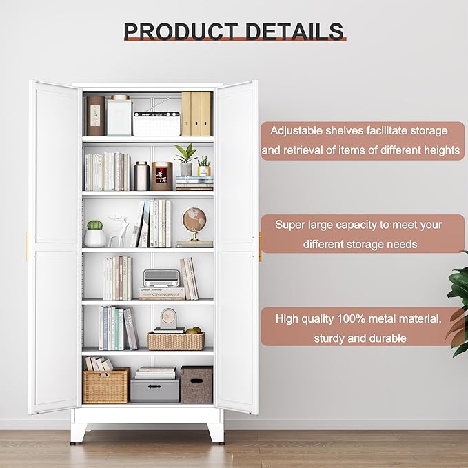 Kitchen Pantry Storage Cabinet with Doors and Adjustable Shelves, Metal ClosetMaid Food Pantry Cabinets, 75" Tall Freestanding Cupboard for Kitchen, Laundry or Utility Room, White-Ruum Studio Home
