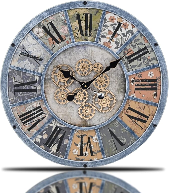 Unique Moving Gear Large Wall Clock - Battery Powered. Retro Industrial Steampunk Country Farmhouse Decor for The Living Room Kitchen Bars cafes and Offices (Blue/Metal/Round)-Ruum Studio Home