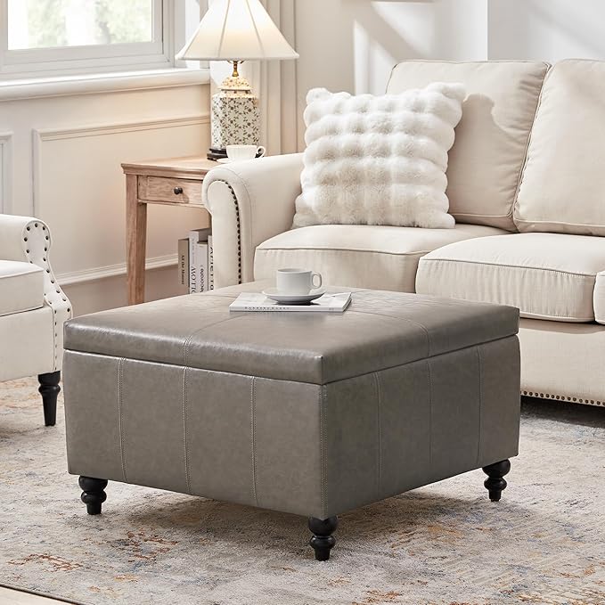HUIMO Square Leather Storage Ottoman,Ottoman Coffee Table with Storage for Living Room (Taupe)-Ruum Studio Home