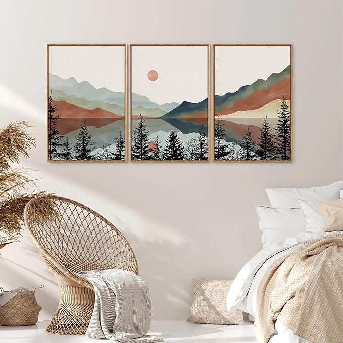 Tinonedraw Boho Mountain Framed Canvas Wall Art Set, Watercolor Nature Landscape Wall Decor, Black Pine Trees Forest Artwork, Neutral Modern Sunrise Art Prints for Living Room Bedroom Office 24"x36"x3-Ruum Studio Home