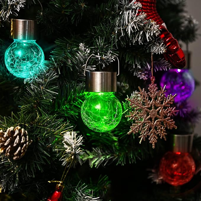 GIGALUMI 16 Pack Solar Hanging Lights for Christmas Decoration - Cracked Glass Solar Lights Outdoor Waterproof for Garden, Yard, Fence, Tree (Color Changing)-Ruum Studio Home
