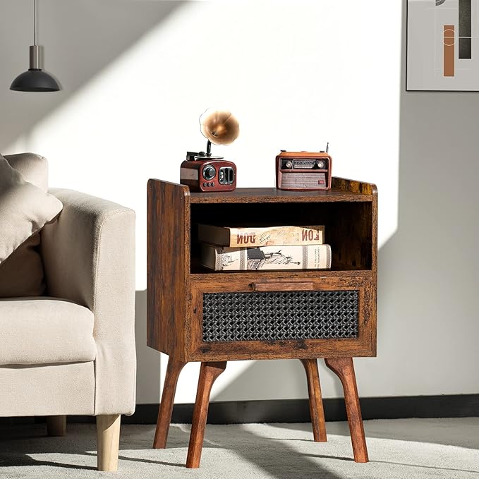 Lerliuo Rattan Nightstand, Boho Side Table with Drawer Open Shelf, Cane Accent Bedside End Table with Solid Wood Legs for Bedroom, Dorm and Small Spaces (Brown)-Ruum Studio Home