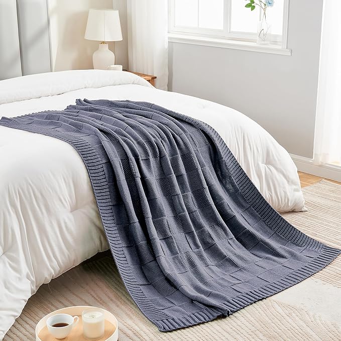 CozeCube Check Knit Throw Blanket, Steel Blue Checkered Throw for Couch, Decorative Christmas Soft Cozy Warm Knitted Blanket for Bed Sofa Living Room, 50"X60"-Ruum Studio Home
