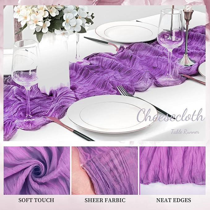 20 Pack Purple Cheesecloth Table Runner 10FT Boho Fabric Rustic Cheese Cloth Table Runner for Wedding Bridal Shower Baby Shower Gauze Sheer Birthday Party Table Decorations 20 x 120 Inch Long-Ruum Studio Home