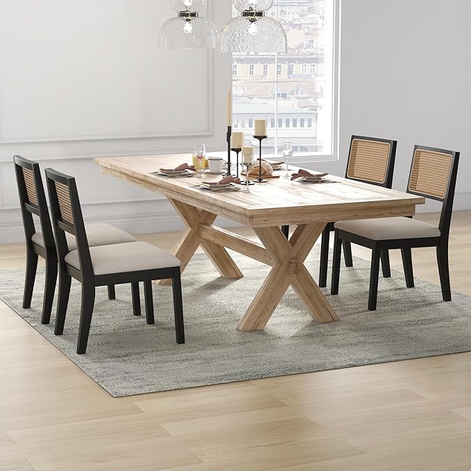 Westice Rattan Dining Chairs Set of 4, Farmhouse Natural Dining Room Chairs with Upholstered Cushion, Wood Armless Chairs for Kitchen/Restaurant, Black-Ruum Studio Home