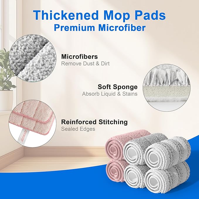 JOYMOOP Mop Replacement Pads, Reusable Microfiber Mop Pads for 13-inch Flat Mop and Mop Bucket Set, Pack of 6 Refills - Pink, Grey and Stripe-Ruum Studio Home