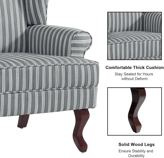 Accent Chair, High Back Upholstered Armchair with High Resilience Sponge & Wood Legs, Mid-Century Modern Comfy Single Sofa Reading Chairs for Living Room, Bedroom (Stripe Grey, Set of 1)-Ruum Studio Home