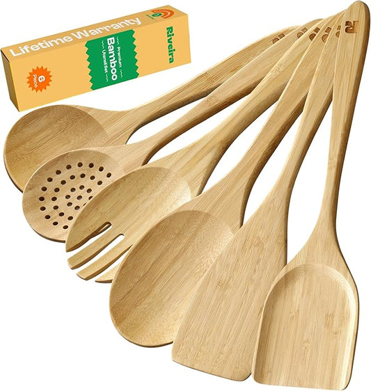 Riveira Brown Bamboo Wooden Spoons for Cooking Set of 6 – Natural Brown Bamboo Wooden Cooking Utensils, Wooden Spatula, Wooden Spoon - Premium Quality Wooden Utensil Set for Non-Toxic Cooking-Ruum Studio Home