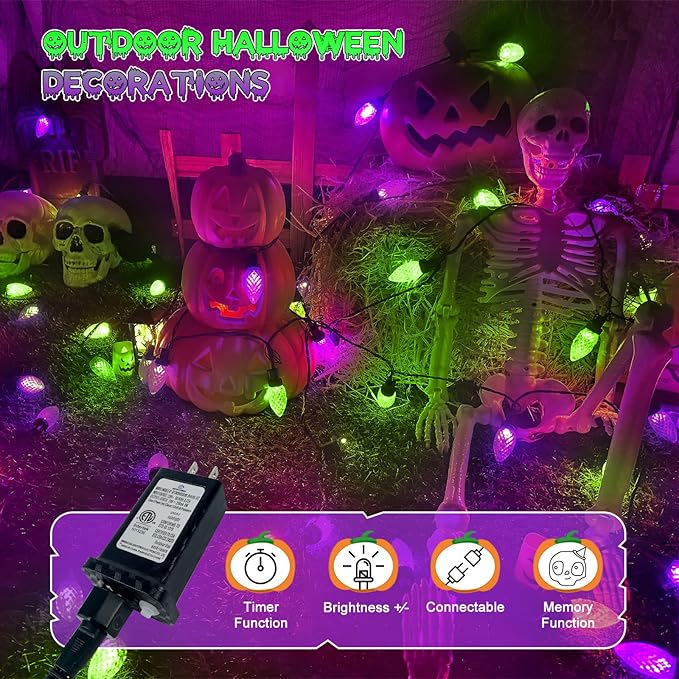 Extendable Purple and Green 2PK 100 LED C9 Halloween Lights Indoor Outdoor Waterproof, 98FT Super Bright C9 String Lights 13 Modes with Timer for Tree Patio Party Garden Halloween Decorations-Ruum Studio Home