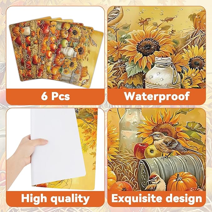 Fall Placemats Set of 6 Thanksgiving Pumpkin Plastic Table Mats Farmhouse Rustic Fall Autumn Place Mats Washable Vinyl Rustic Holiday Table Decoration for Indoor Outdoor Party Kitchen Dining-Ruum Studio Home