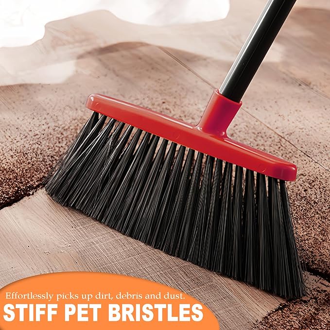 Small Broom Stiff Bristles Brush with Long Handle Indoor or Outdoor Compact Broom for Sweeping Patio Garage Garden,Deck,Concrete Floor,Bathroom (Red)-Ruum Studio Home