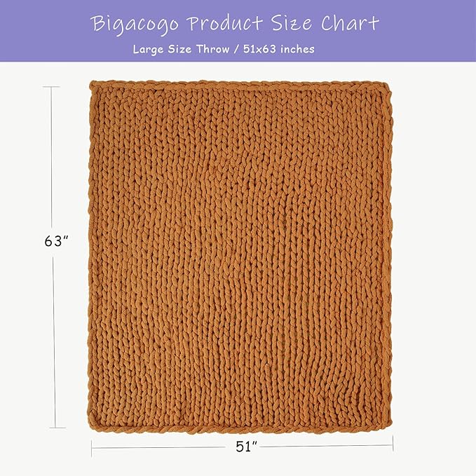 Bigacogo Chunky Knit Throw Blanket for Couch, 51x63 inches, 100% Hand Knitted with Thick Jumbo Chenille Yarn, Cozy Soft Large Rope Knot Cable Crochet Blankets for Sofa Bed Living Room, Burnt Orange-Ruum Studio Home