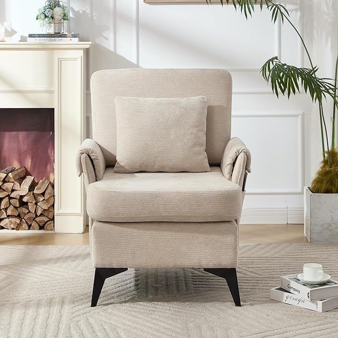 KCC Mid-Century Accent Chairs,Chenille Modern Upholstered Single Sofa,Cozy Armchair with Back for Bedroom/Office/Cafe,Begie-Ruum Studio Home