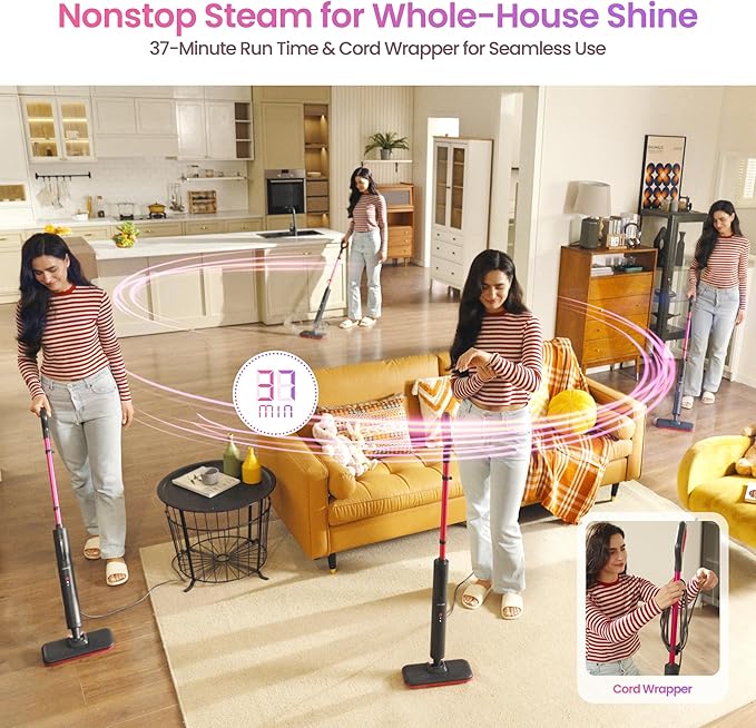 Schenley Steam Mop Cleaner Powerful - 15s Fast Heat-Up, Chemical-Free for Hardwood/Tile/Laminate & Floors/Walls, Washable Pads, 3 Modes for Carpet, Lightweight, Self-Standing, Sleek Design-Ruum Studio Home