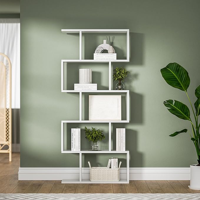 White 5-Tier Geometric Bookcase, S-Shaped Modern Bookshelf Set of 2, 62.6" Tall Room Divider Book Shelf, Decorative Display Shelf-Ruum Studio Home