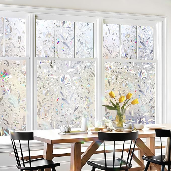 HIDBEA Window Privacy Film, 3D Stained Glass Static Cling - Sun Blocking Anti-UV Heat Control, Reusable Decorative Film for Home/Office Doors, Rainbow Tulip Design (35.4 in x 78.7 in)-Ruum Studio Home