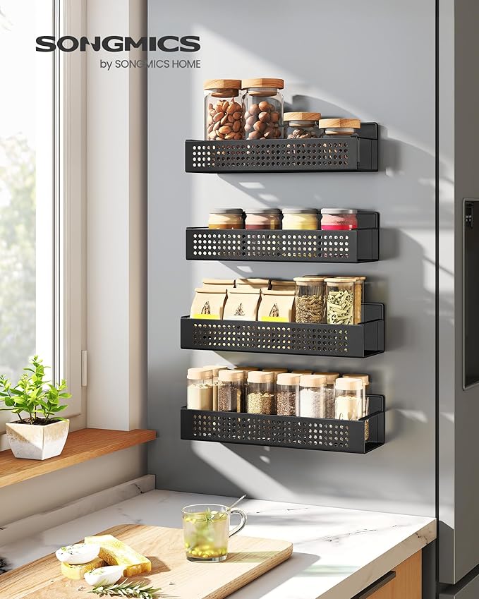 SONGMICS Magnetic Spice Rack for Refrigerator, Set of 4, 2 Large and 2 Small Kichen Magnetic Shelves for Microwave, Washing Machine, Spice Organizers, No Drilling Needed, Ink Black UKCS061B01-Ruum Studio Home