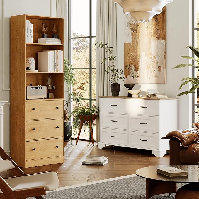 71" Tall Bookshelf with Storage, Bookcase with Drawers, Farmhouse Wooden Corner Book Shelves, Mid Century Modern Book Shelf Wall Standing Home Decor Furniture for Living Room, Bedroom, Office, Kitchen-Ruum Studio Home