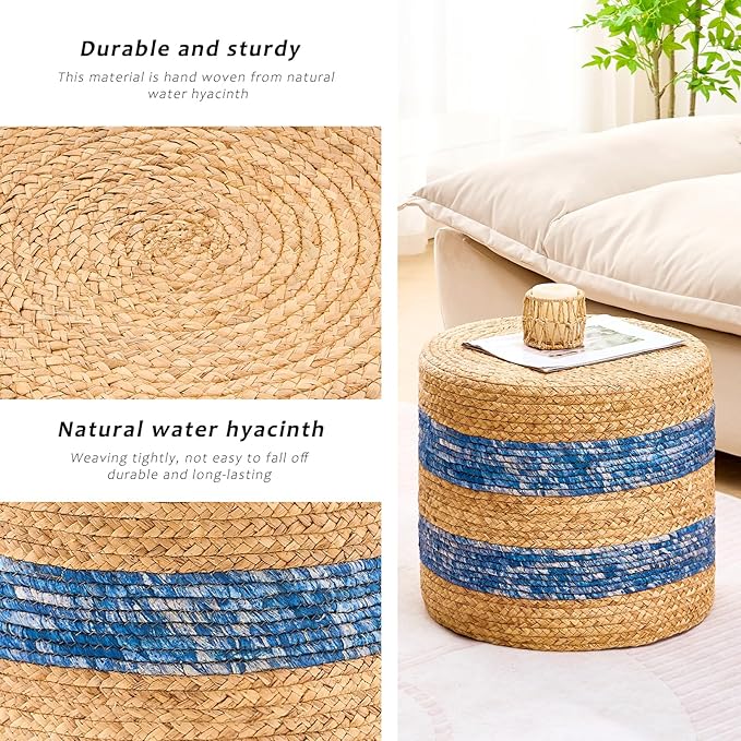 Handwoven Ottoman Pouf, Natural Water Hyacinth Footstool, Round Braided Outdoor Seat with Sturdy Frame, Boho Accent Stool for Patio, Balcony, or Garden (Blue)-Ruum Studio Home