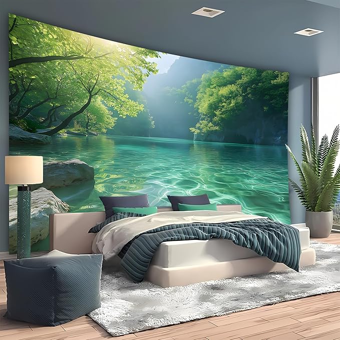 BSFHH Nature Tapestry Forest Tree Sea Cave Wall Hanging, Stream Through Rainforest Landscape Wall Art Tapestry for Bedroom Living room (Lake View, 59" × 51", Unframed)-Ruum Studio Home
