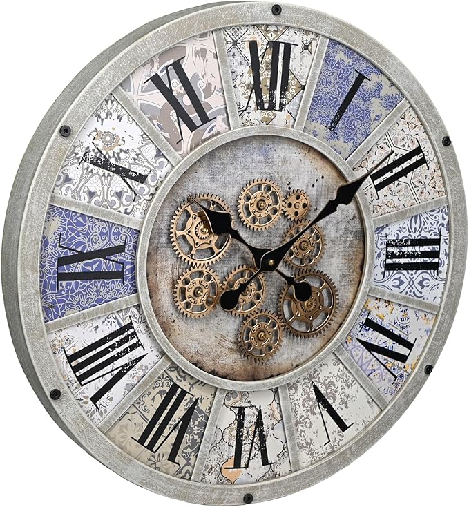 Unique Moving Gear Large Wall Clock 21inch-Battery Powered. Retro Industrial Steampunk Country Farmhouse Decor for The Living Room Kitchen Bars cafes Offices(whith/metal/21)-Ruum Studio Home