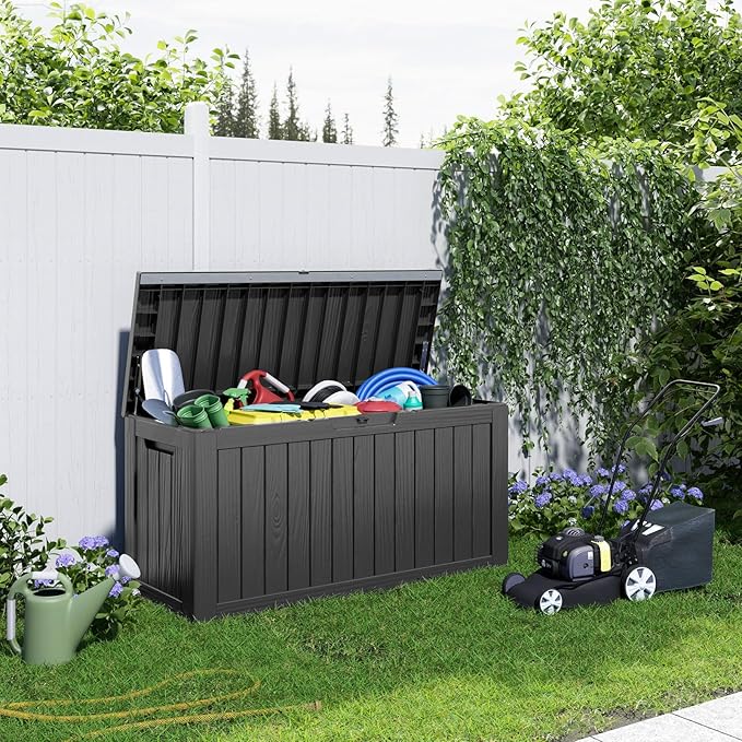 80 Gallon Resin Deck Box, Lockable Patio Outdoor Storage Box for Furniture, Garden Tools and Tools Storage, Waterproof Outside Storage Box - Black-Ruum Studio Home