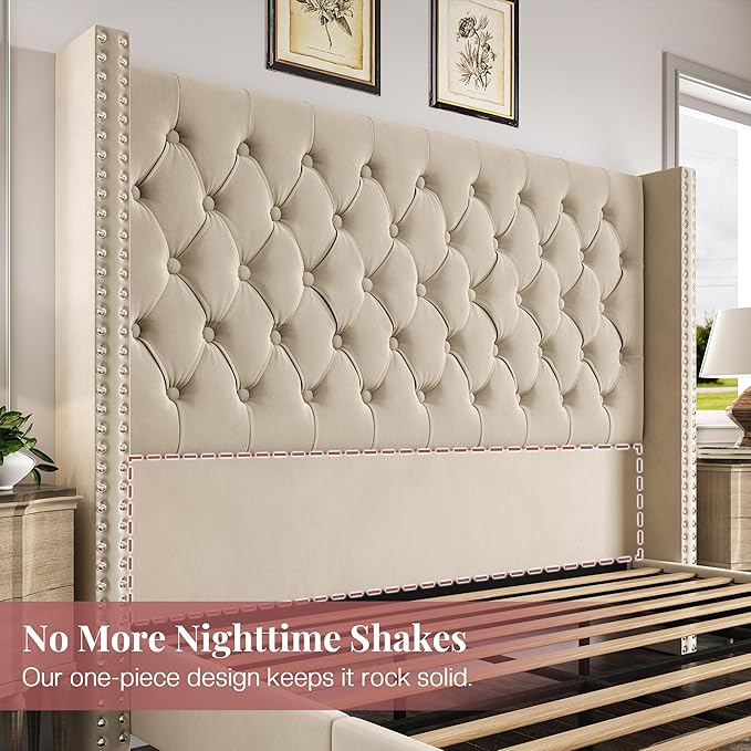 PaPaJet Queen Size Bed Frame with 61.4" Tall Headboard, Velvet Modern Upholstered Tufted Bed for Adults, Handmade Deep Button Tufting, Solid Wood Legs, No Box Spring Required, Cream-Ruum Studio Home
