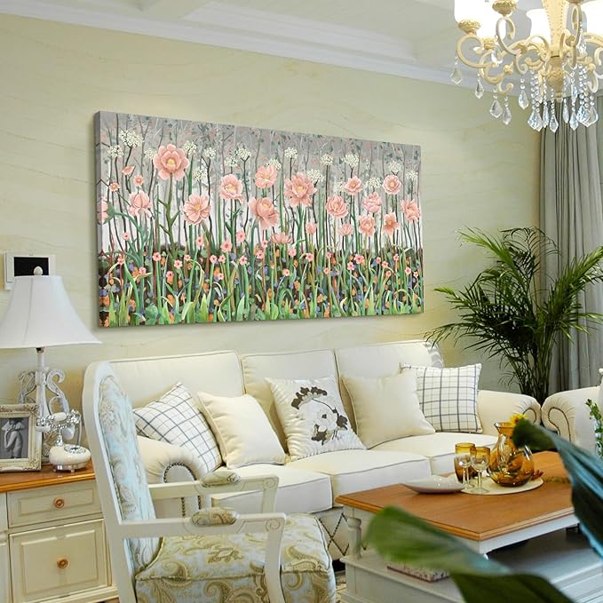 amatop Extra Large Floral Wall Picture for Living Room Modern Botanical Canvas Prints Flower Field Wall Decor Abstract Nature Art Wildflower Garden Pink Green Stretched Artwork Bedroom Office 58x29 in-Ruum Studio Home