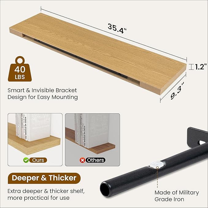 36 Inch Floating Shelves, 9.3 Inch Deep Rustic Wall Shelves - Extra Deeper Wall Mounted Storage Shelves for Bathroom, Kitchen, Living Room (Oak, Set of 2)-Ruum Studio Home