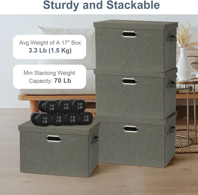 Large 17" 36 Quart Collapsible Stackable Storage Bins with Lids, 3 Packs Dark green Foldable Fabric Closet Storage Boxes with Lids, Heavy-duty Linen Cube Baskets(17x12x11)-Ruum Studio Home