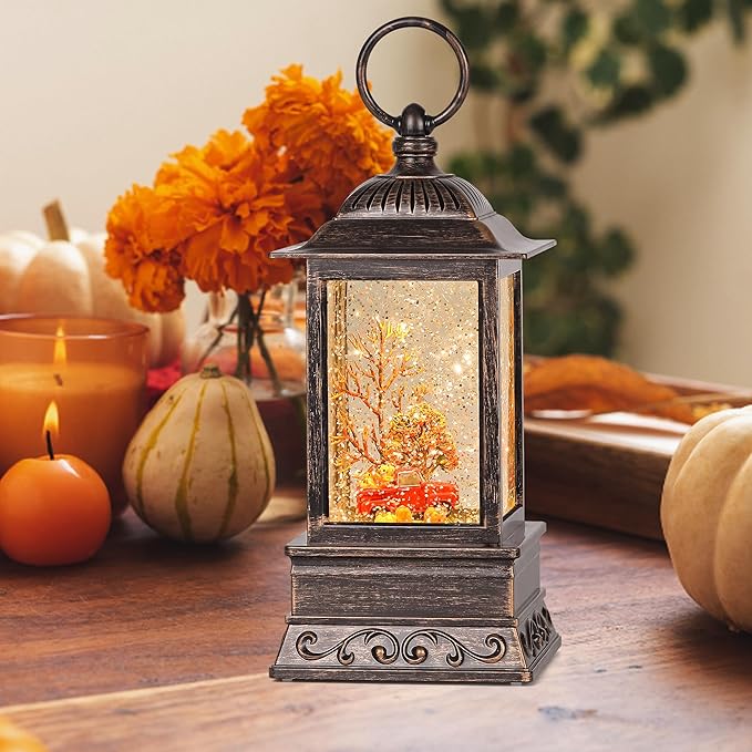 Fall Snow Globe Red Truck Lantern, Glitter Lighted Snow Globes Fall Decorations for Home, Light Up Snowglobe Fall Décor-Ruum Studio Home
